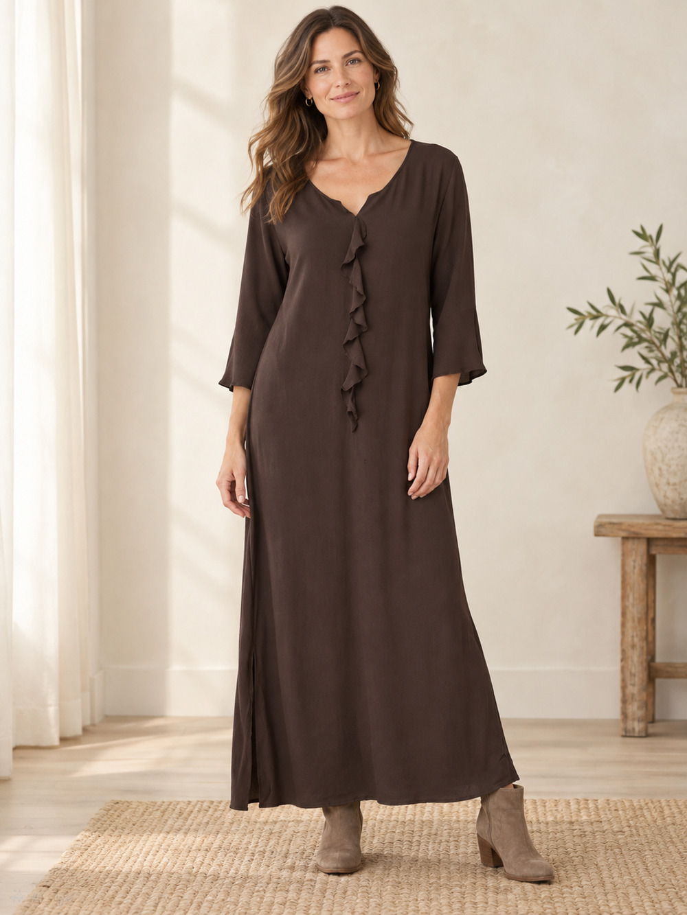 J. JILL Brown Maxi Dress Ruffle 3/4 Sleeve Artisanal Size L